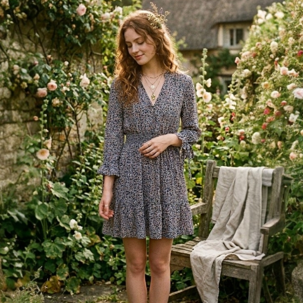 Mi Ami Floral Mini‎ Dress S Blue Smocked Waist Flutter Sleeve Boho Cottagecore